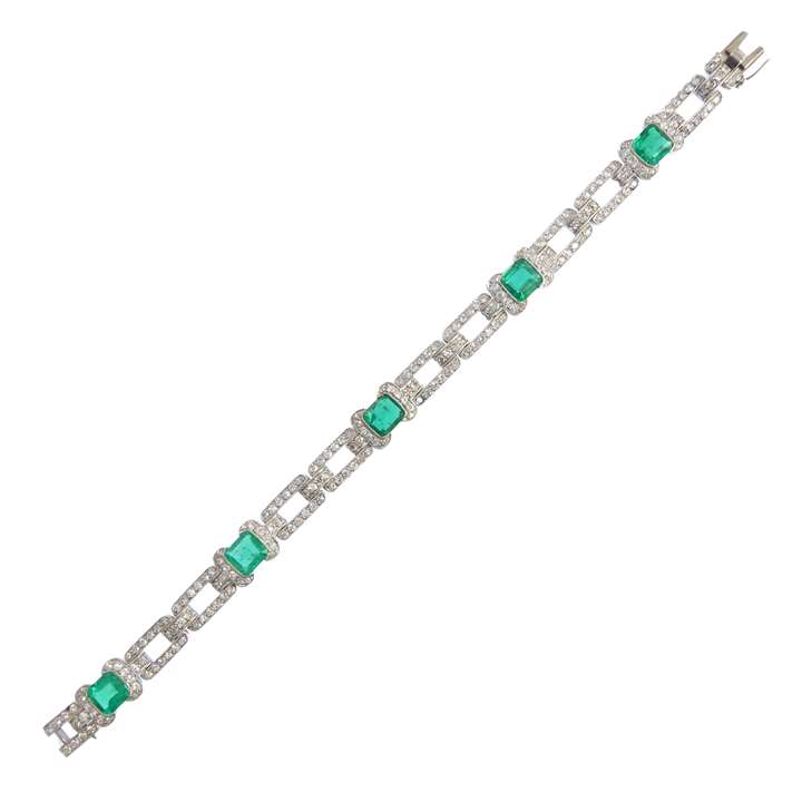 Art Deco emerald and diamond strap bracelet